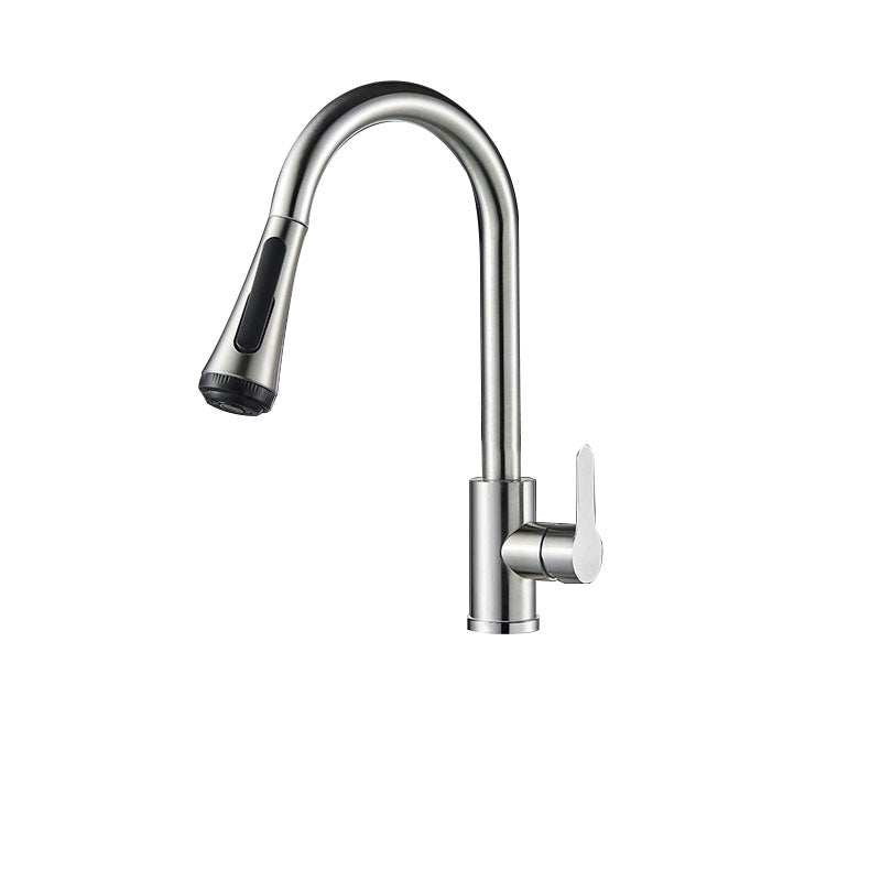 Contemporary Gooseneck Faucet One Handle Kitchen Faucet High Arch Water Filler Brass Silver Four Mode Water Outlet Clearhalo 'Home Improvement' 'home_improvement' 'home_improvement_kitchen_faucets' 'Kitchen Faucets' 'Kitchen Remodel & Kitchen Fixtures' 'Kitchen Sinks & Faucet Components' 'kitchen_faucets' 6977844