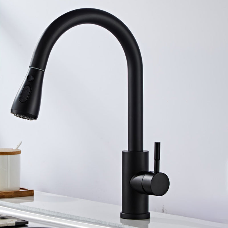 Modern Bridge Faucet Stainless Steel Pull down Sprayer with Supply Lines Kitchen Faucet Black Gooseneck Faucet Clearhalo 'Home Improvement' 'home_improvement' 'home_improvement_kitchen_faucets' 'Kitchen Faucets' 'Kitchen Remodel & Kitchen Fixtures' 'Kitchen Sinks & Faucet Components' 'kitchen_faucets' 6977875