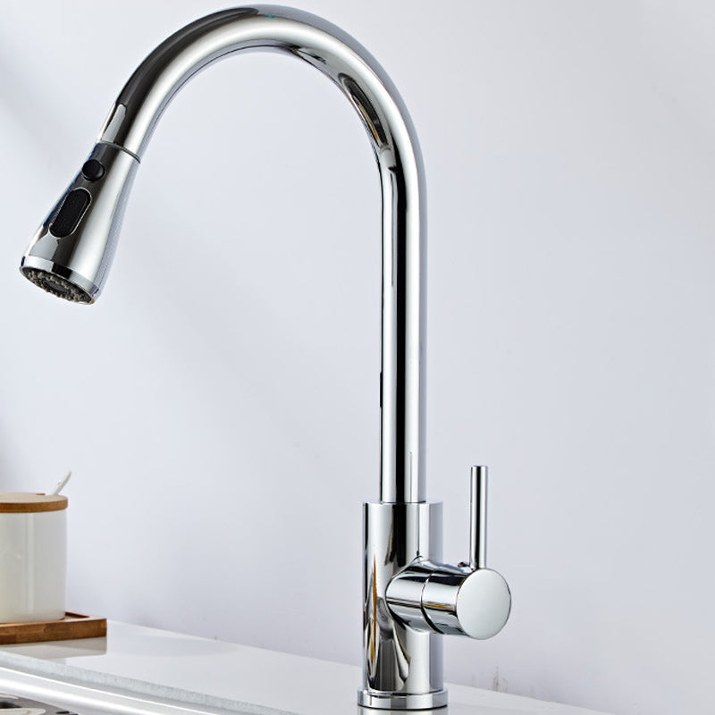 Modern Bridge Faucet Stainless Steel Pull down Sprayer with Supply Lines Kitchen Faucet Silver Gooseneck Faucet Clearhalo 'Home Improvement' 'home_improvement' 'home_improvement_kitchen_faucets' 'Kitchen Faucets' 'Kitchen Remodel & Kitchen Fixtures' 'Kitchen Sinks & Faucet Components' 'kitchen_faucets' 6977876