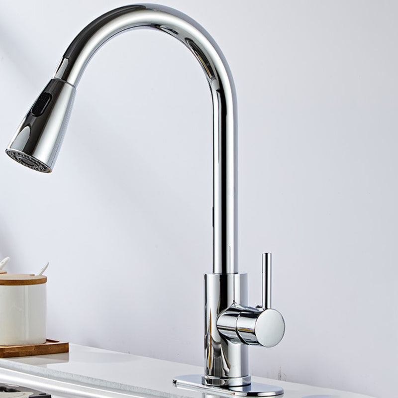 Modern Bridge Faucet Stainless Steel Pull down Sprayer with Supply Lines Kitchen Faucet Silver Gooseneck/High Arc Clearhalo 'Home Improvement' 'home_improvement' 'home_improvement_kitchen_faucets' 'Kitchen Faucets' 'Kitchen Remodel & Kitchen Fixtures' 'Kitchen Sinks & Faucet Components' 'kitchen_faucets' 6977879