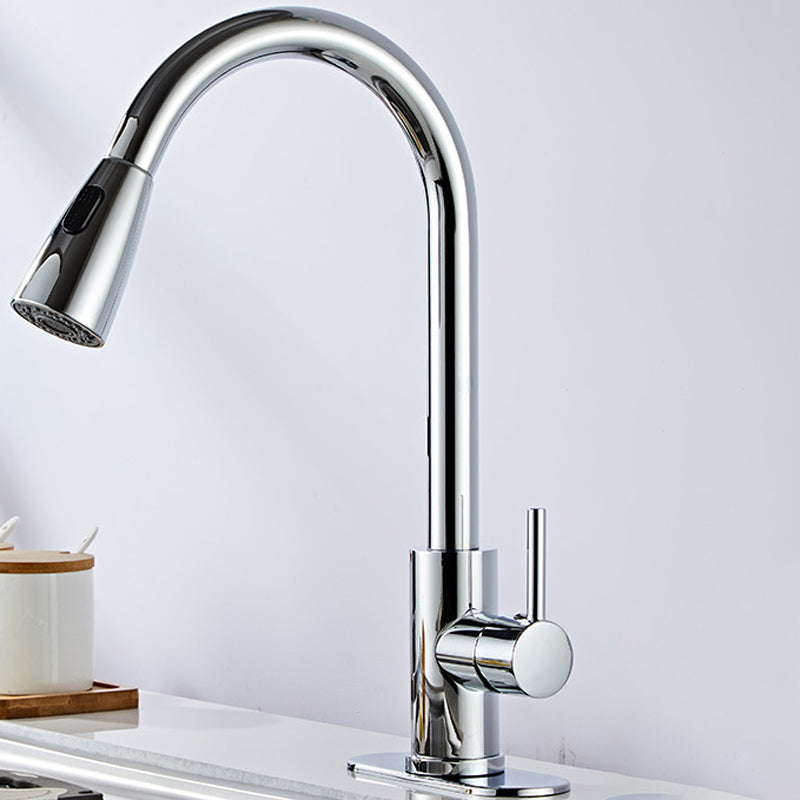 Modern Bridge Faucet Stainless Steel Pull down Sprayer with Supply Lines Kitchen Faucet Silver Gooseneck High Arc Clearhalo 'Home Improvement' 'home_improvement' 'home_improvement_kitchen_faucets' 'Kitchen Faucets' 'Kitchen Remodel & Kitchen Fixtures' 'Kitchen Sinks & Faucet Components' 'kitchen_faucets' 6977879