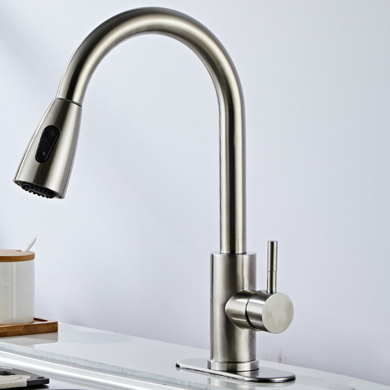 Modern Bridge Faucet Stainless Steel Pull down Sprayer with Supply Lines Kitchen Faucet Stainless Steel Gooseneck/High Arc Clearhalo 'Home Improvement' 'home_improvement' 'home_improvement_kitchen_faucets' 'Kitchen Faucets' 'Kitchen Remodel & Kitchen Fixtures' 'Kitchen Sinks & Faucet Components' 'kitchen_faucets' 6977880