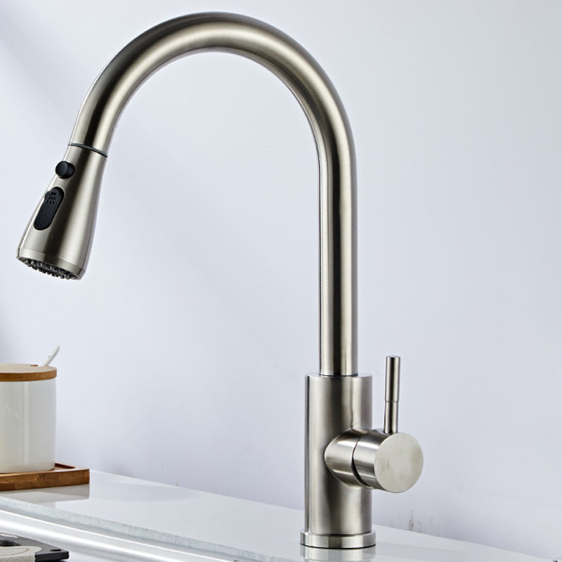 Modern Bridge Faucet Stainless Steel Pull down Sprayer with Supply Lines Kitchen Faucet Stainless Steel Gooseneck Faucet Clearhalo 'Home Improvement' 'home_improvement' 'home_improvement_kitchen_faucets' 'Kitchen Faucets' 'Kitchen Remodel & Kitchen Fixtures' 'Kitchen Sinks & Faucet Components' 'kitchen_faucets' 6977882