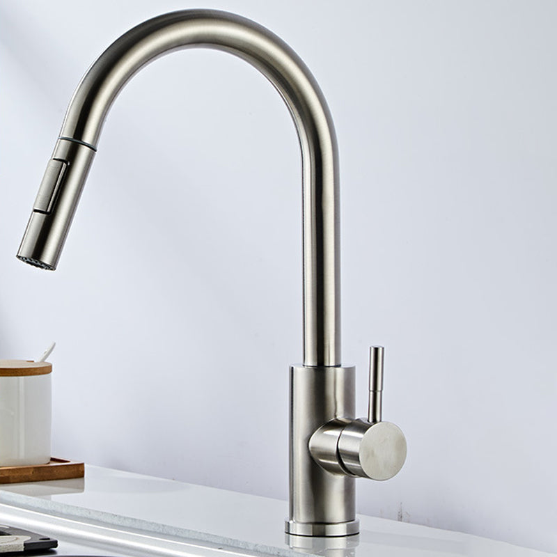 Modern Bridge Faucet Stainless Steel Pull down Sprayer with Supply Lines Kitchen Faucet Stainless Steel Gooseneck Pull Out Faucet Clearhalo 'Home Improvement' 'home_improvement' 'home_improvement_kitchen_faucets' 'Kitchen Faucets' 'Kitchen Remodel & Kitchen Fixtures' 'Kitchen Sinks & Faucet Components' 'kitchen_faucets' 6977884
