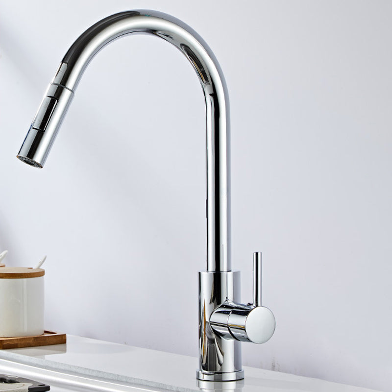 Modern Bridge Faucet Stainless Steel Pull down Sprayer with Supply Lines Kitchen Faucet Silver Gooseneck Pull Out Faucet Clearhalo 'Home Improvement' 'home_improvement' 'home_improvement_kitchen_faucets' 'Kitchen Faucets' 'Kitchen Remodel & Kitchen Fixtures' 'Kitchen Sinks & Faucet Components' 'kitchen_faucets' 6977888