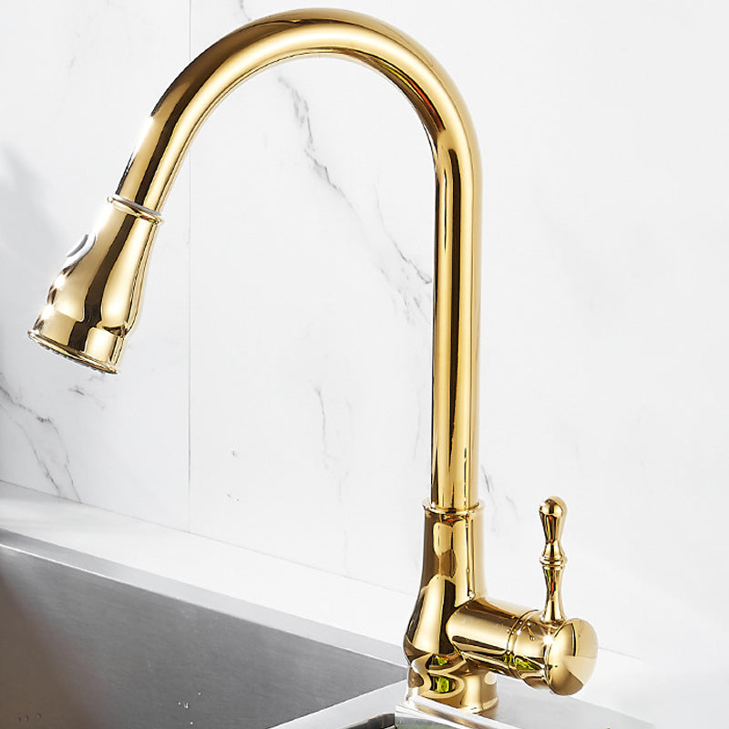 Brushed Gold Kitchen Sink Faucet High Arch Swivel Spout with Pull Out Sprayer Gourd Clearhalo 'Home Improvement' 'home_improvement' 'home_improvement_kitchen_faucets' 'Kitchen Faucets' 'Kitchen Remodel & Kitchen Fixtures' 'Kitchen Sinks & Faucet Components' 'kitchen_faucets' 6977896