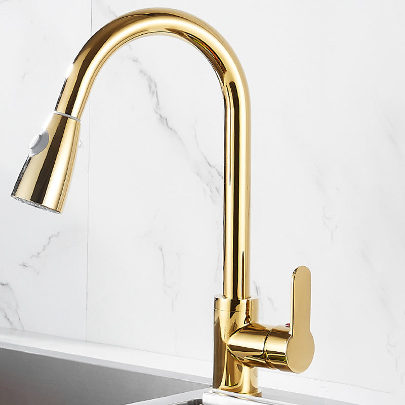 Brushed Gold Kitchen Sink Faucet High Arch Swivel Spout with Pull Out Sprayer Drum Clearhalo 'Home Improvement' 'home_improvement' 'home_improvement_kitchen_faucets' 'Kitchen Faucets' 'Kitchen Remodel & Kitchen Fixtures' 'Kitchen Sinks & Faucet Components' 'kitchen_faucets' 6977897
