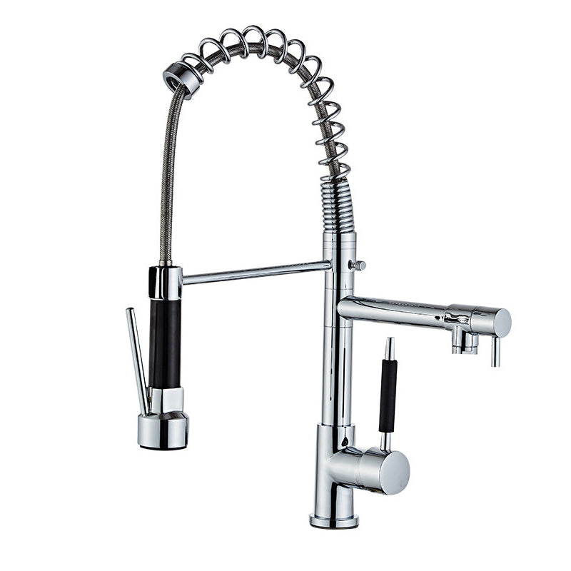 Contemporary Spring Spout Kitchen Sink Faucet Swivel Spout with Pull down Sprayer Metal Clearhalo 'Home Improvement' 'home_improvement' 'home_improvement_kitchen_faucets' 'Kitchen Faucets' 'Kitchen Remodel & Kitchen Fixtures' 'Kitchen Sinks & Faucet Components' 'kitchen_faucets' 6977907