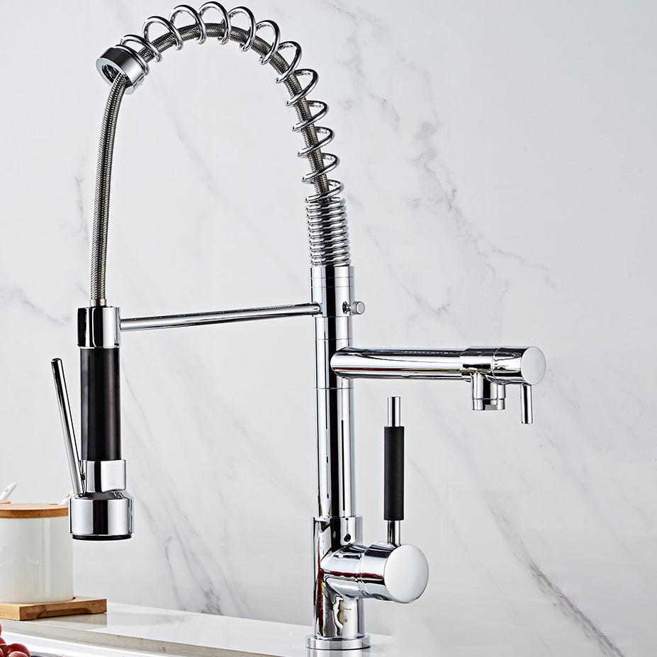Contemporary Spring Spout Kitchen Sink Faucet Swivel Spout with Pull down Sprayer Clearhalo 'Home Improvement' 'home_improvement' 'home_improvement_kitchen_faucets' 'Kitchen Faucets' 'Kitchen Remodel & Kitchen Fixtures' 'Kitchen Sinks & Faucet Components' 'kitchen_faucets' 6977914