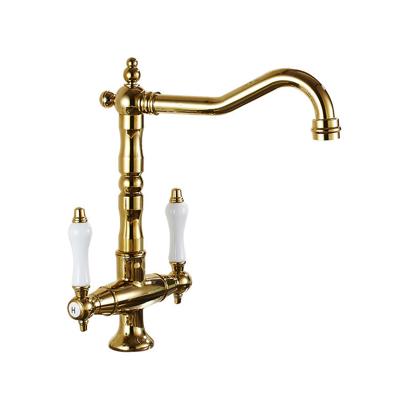 Traditional Kitchen Faucet Swivel Spout Gooseneck Double Handle Standard Kitchen Faucets Clearhalo 'Home Improvement' 'home_improvement' 'home_improvement_kitchen_faucets' 'Kitchen Faucets' 'Kitchen Remodel & Kitchen Fixtures' 'Kitchen Sinks & Faucet Components' 'kitchen_faucets' 6977934
