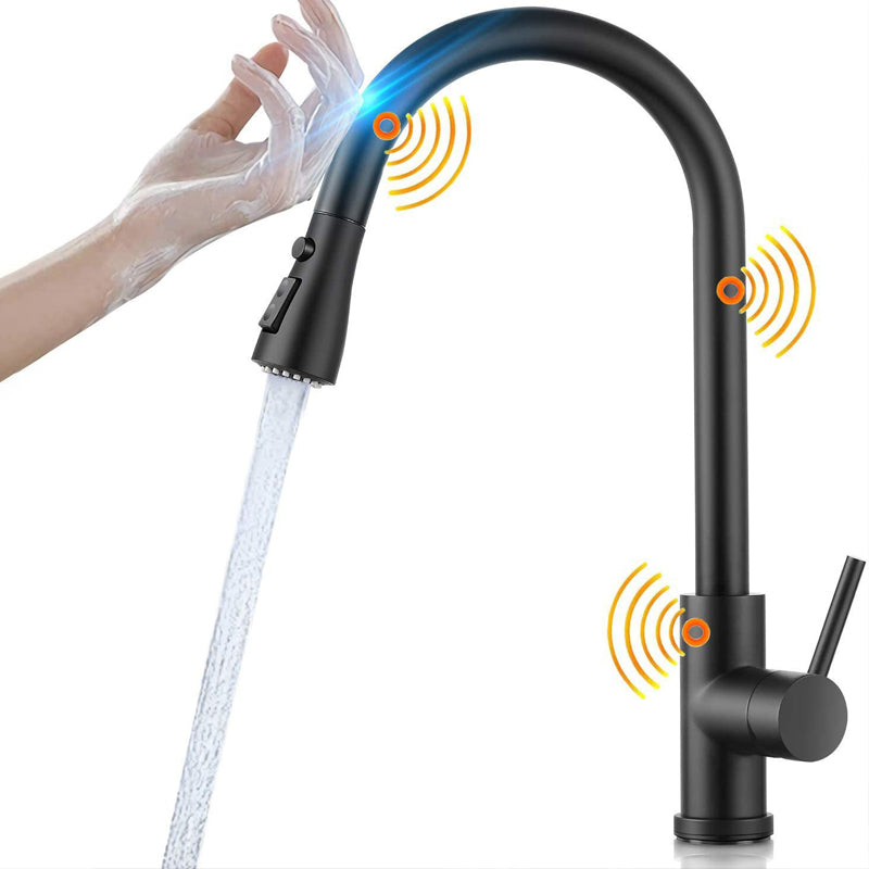 Modern Kitchen Sink Faucet Swivel Spout High Arch Touch Sensor with Pull down Sprayer Black Column Clearhalo 'Home Improvement' 'home_improvement' 'home_improvement_kitchen_faucets' 'Kitchen Faucets' 'Kitchen Remodel & Kitchen Fixtures' 'Kitchen Sinks & Faucet Components' 'kitchen_faucets' 6977975