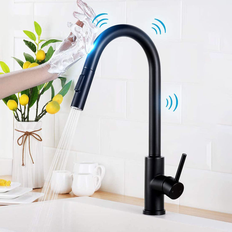 Modern Kitchen Sink Faucet Swivel Spout High Arch Touch Sensor with Pull down Sprayer Black Cylinder Clearhalo 'Home Improvement' 'home_improvement' 'home_improvement_kitchen_faucets' 'Kitchen Faucets' 'Kitchen Remodel & Kitchen Fixtures' 'Kitchen Sinks & Faucet Components' 'kitchen_faucets' 6977980