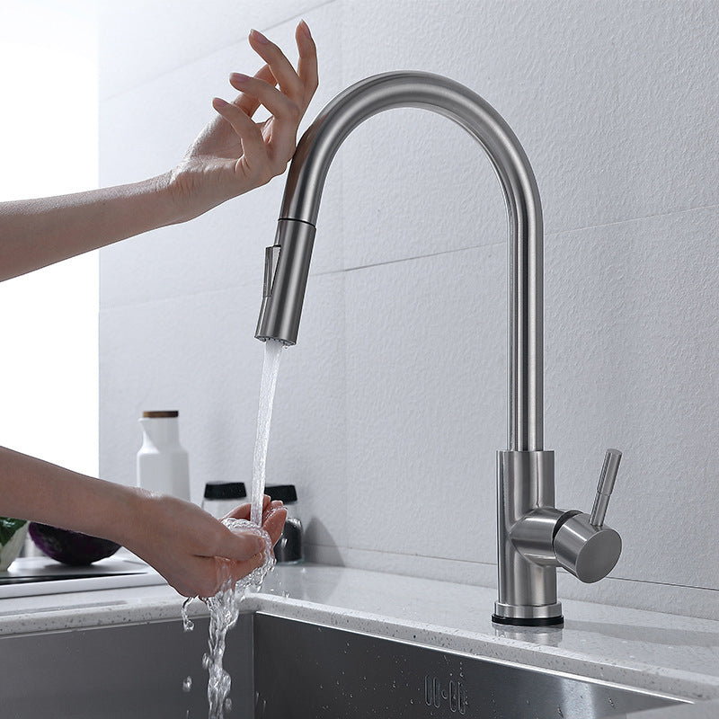 Modern Kitchen Sink Faucet Swivel Spout High Arch Touch Sensor with Pull down Sprayer White/Silver Cylinder Clearhalo 'Home Improvement' 'home_improvement' 'home_improvement_kitchen_faucets' 'Kitchen Faucets' 'Kitchen Remodel & Kitchen Fixtures' 'Kitchen Sinks & Faucet Components' 'kitchen_faucets' 6977984