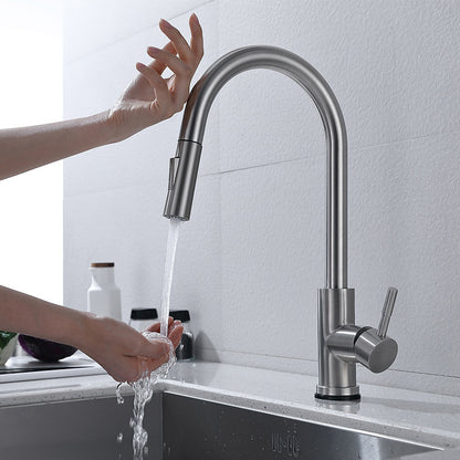 Modern Kitchen Sink Faucet Swivel Spout High Arch Touch Sensor with Pull down Sprayer White Silver Cylinder Clearhalo 'Home Improvement' 'home_improvement' 'home_improvement_kitchen_faucets' 'Kitchen Faucets' 'Kitchen Remodel & Kitchen Fixtures' 'Kitchen Sinks & Faucet Components' 'kitchen_faucets' 6977984