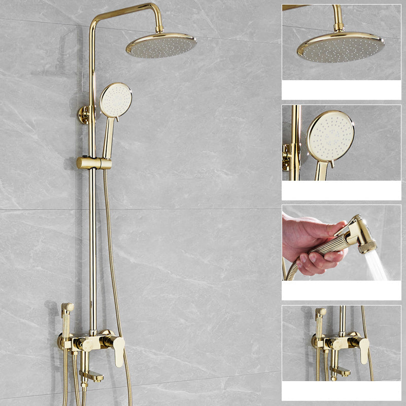Contemporary Shower Head Combo Gold Wall Mounted Shower System Round 4 Clearhalo 'Bathroom Remodel & Bathroom Fixtures' 'Home Improvement' 'home_improvement' 'home_improvement_shower_faucets' 'Shower Faucets & Systems' 'shower_faucets' 'Showers & Bathtubs Plumbing' 'Showers & Bathtubs' 6978503
