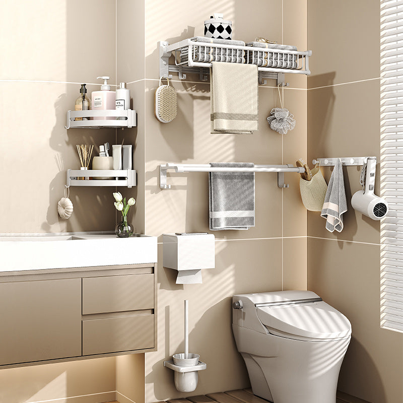 Modern Style Bathroom Accessory Set with Bath Shelf/Towel Bar/Toilet Brush in White Clearhalo 'Bathroom Hardware Sets' 'Bathroom Hardware' 'Bathroom Remodel & Bathroom Fixtures' 'bathroom_hardware_sets' 'Home Improvement' 'home_improvement' 'home_improvement_bathroom_hardware_sets' 6996957