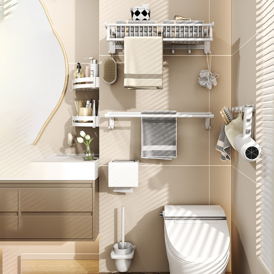 Modern Style Bathroom Accessory Set with Bath Shelf/Towel Bar/Toilet Brush in White Clearhalo 'Bathroom Hardware Sets' 'Bathroom Hardware' 'Bathroom Remodel & Bathroom Fixtures' 'bathroom_hardware_sets' 'Home Improvement' 'home_improvement' 'home_improvement_bathroom_hardware_sets' 6996959