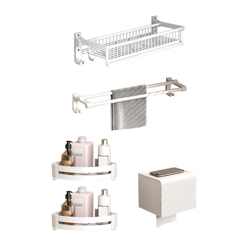 Modern Style Bathroom Accessory Set with Bath Shelf/Towel Bar/Toilet Brush in White 5-Piece Set (Towel Bar) Clearhalo 'Bathroom Hardware Sets' 'Bathroom Hardware' 'Bathroom Remodel & Bathroom Fixtures' 'bathroom_hardware_sets' 'Home Improvement' 'home_improvement' 'home_improvement_bathroom_hardware_sets' 6996975