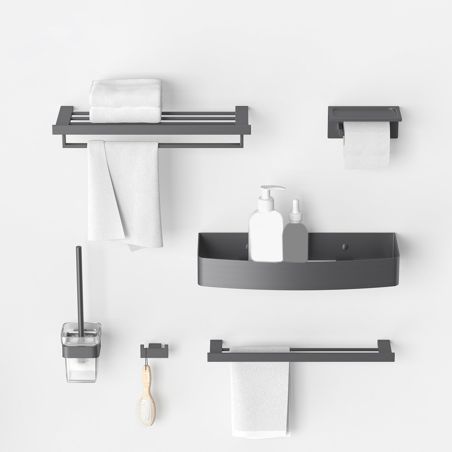 Gray Contemporary Bathroom Hardware Set Brushed Gray Bath Shelf/Paper Holder/Towel Bar Clearhalo 'Bathroom Hardware Sets' 'Bathroom Hardware' 'Bathroom Remodel & Bathroom Fixtures' 'bathroom_hardware_sets' 'Home Improvement' 'home_improvement' 'home_improvement_bathroom_hardware_sets' 6997014