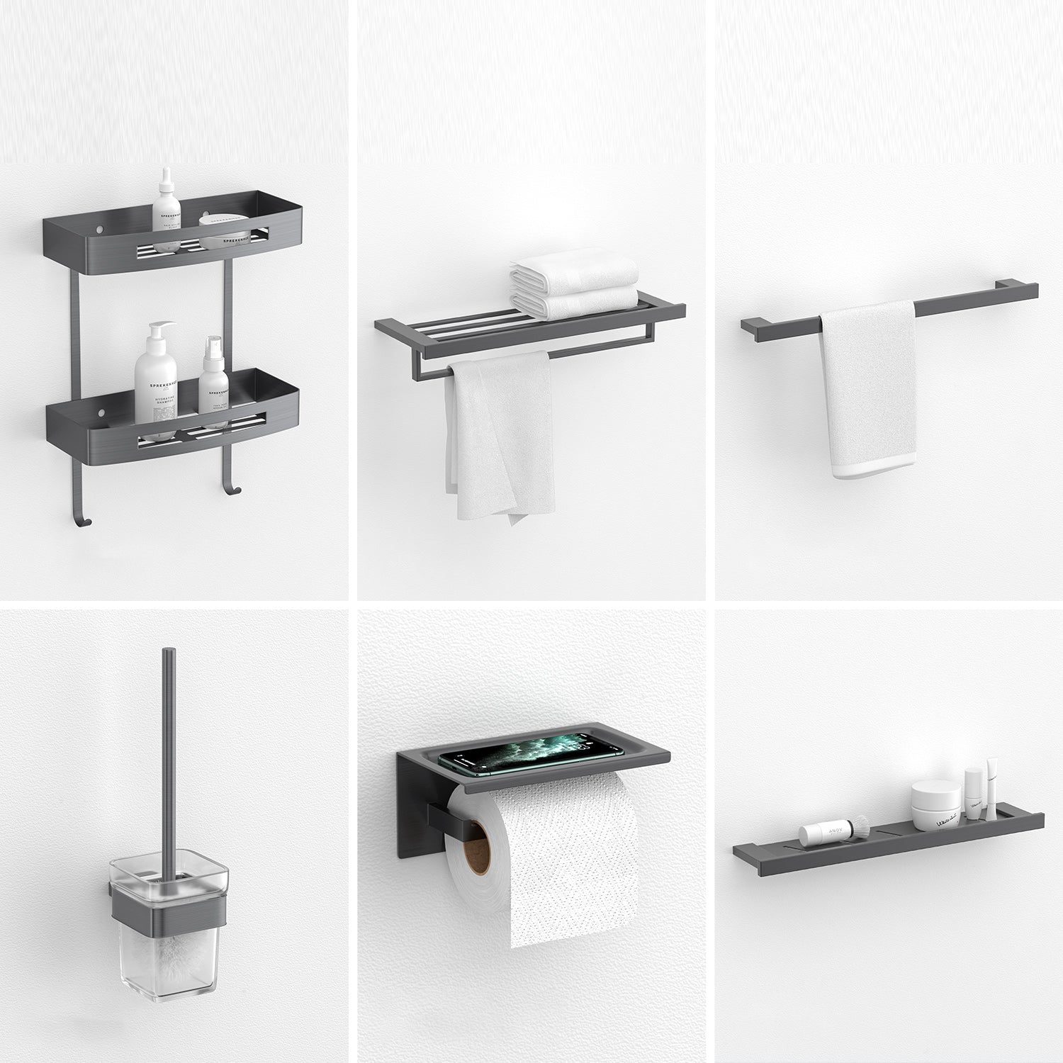 Gray Contemporary Bathroom Hardware Set Brushed Gray Bath Shelf/Paper Holder/Towel Bar 6-Piece Set Clearhalo 'Bathroom Hardware Sets' 'Bathroom Hardware' 'Bathroom Remodel & Bathroom Fixtures' 'bathroom_hardware_sets' 'Home Improvement' 'home_improvement' 'home_improvement_bathroom_hardware_sets' 6997037