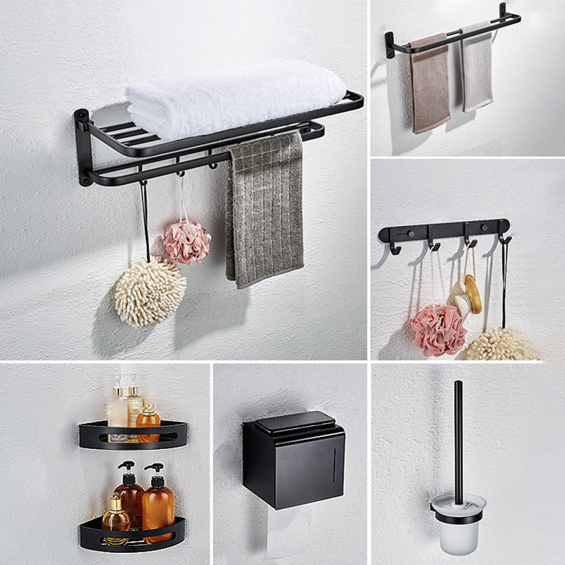 Modern Bathroom Accessory Set with Bathe Shelf/Robe Hooks/Towel Bar in Aluminum Black 7-Piece Set Clearhalo 'Bathroom Hardware Sets' 'Bathroom Hardware' 'Bathroom Remodel & Bathroom Fixtures' 'bathroom_hardware_sets' 'Home Improvement' 'home_improvement' 'home_improvement_bathroom_hardware_sets' 6997072