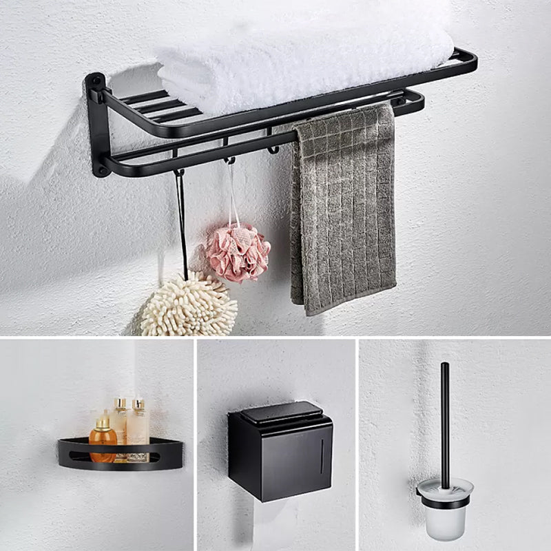 Modern Bathroom Accessory Set with Bathe Shelf/Robe Hooks/Towel Bar in Aluminum Black 4-Piece Set Clearhalo 'Bathroom Hardware Sets' 'Bathroom Hardware' 'Bathroom Remodel & Bathroom Fixtures' 'bathroom_hardware_sets' 'Home Improvement' 'home_improvement' 'home_improvement_bathroom_hardware_sets' 6997073