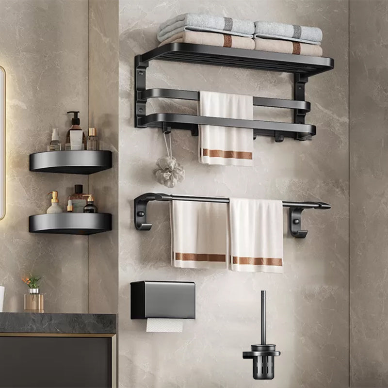 Aluminum Modern 7-Piece Bathroom Accessory Set Black Bathroom Hardware Double Ring 6-Piece Set Clearhalo 'Bathroom Hardware Sets' 'Bathroom Hardware' 'Bathroom Remodel & Bathroom Fixtures' 'bathroom_hardware_sets' 'Home Improvement' 'home_improvement' 'home_improvement_bathroom_hardware_sets' 6997174