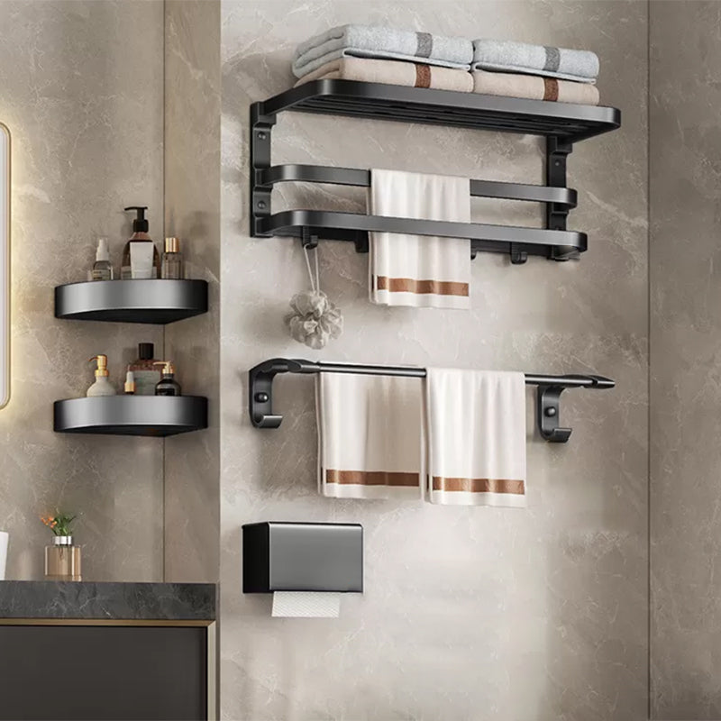 Aluminum Modern 7-Piece Bathroom Accessory Set Black Bathroom Hardware Double Ring 5 piece Set Clearhalo 'Bathroom Hardware Sets' 'Bathroom Hardware' 'Bathroom Remodel & Bathroom Fixtures' 'bathroom_hardware_sets' 'Home Improvement' 'home_improvement' 'home_improvement_bathroom_hardware_sets' 6997176