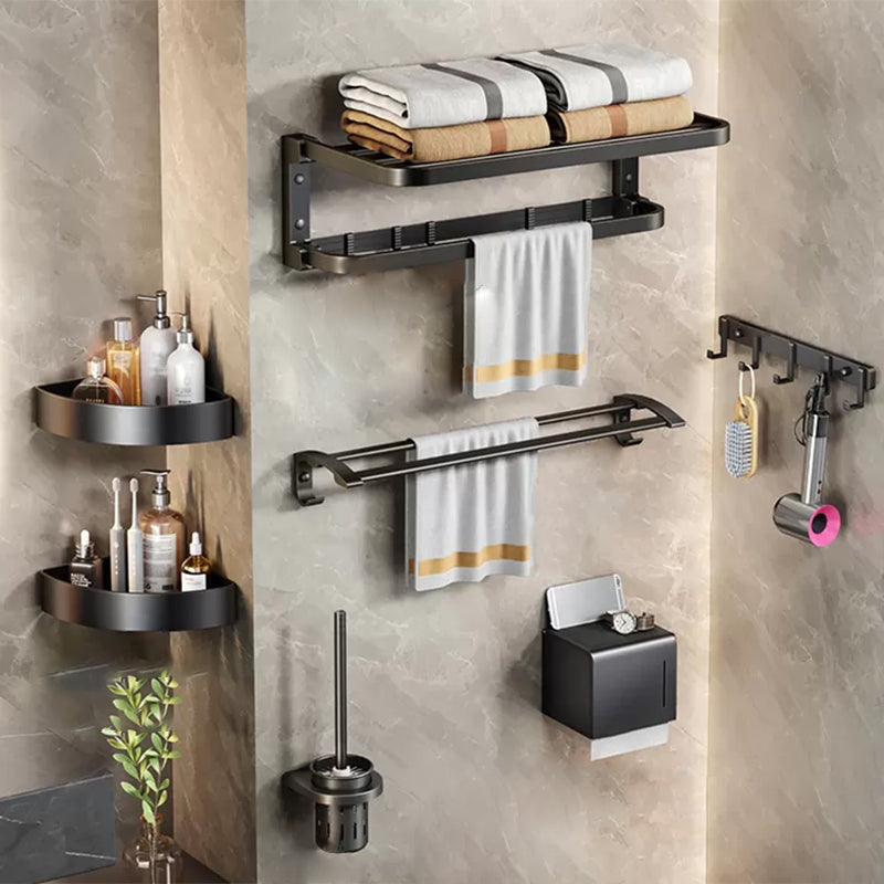 Aluminum Modern 7-Piece Bathroom Accessory Set Black Bathroom Hardware Folding 7-Piece Set Clearhalo 'Bathroom Hardware Sets' 'Bathroom Hardware' 'Bathroom Remodel & Bathroom Fixtures' 'bathroom_hardware_sets' 'Home Improvement' 'home_improvement' 'home_improvement_bathroom_hardware_sets' 6997183