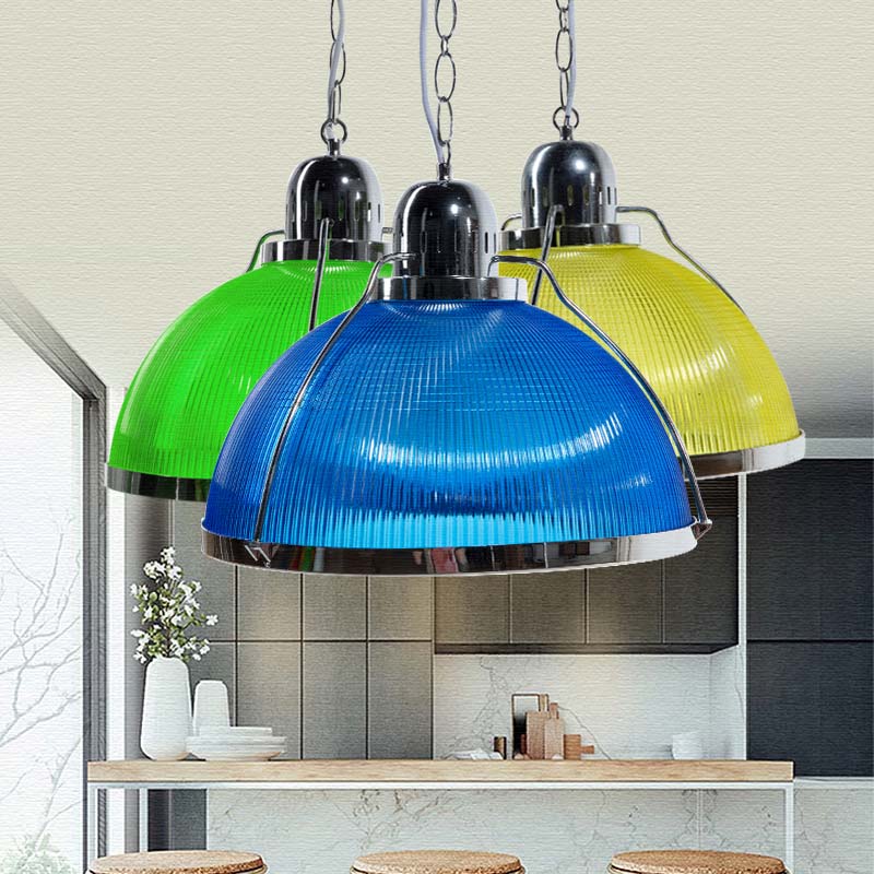 Acrylic and Metal Ribbed Dome Pendant Lighting Industrial 1 Head Living Room Hanging Lamp in White/Red/Yellow Clearhalo 'Ceiling Lights' 'Industrial Pendants' 'Industrial' 'Middle Century Pendants' 'Pendant Lights' 'Pendants' 'Tiffany' Lighting' 69973