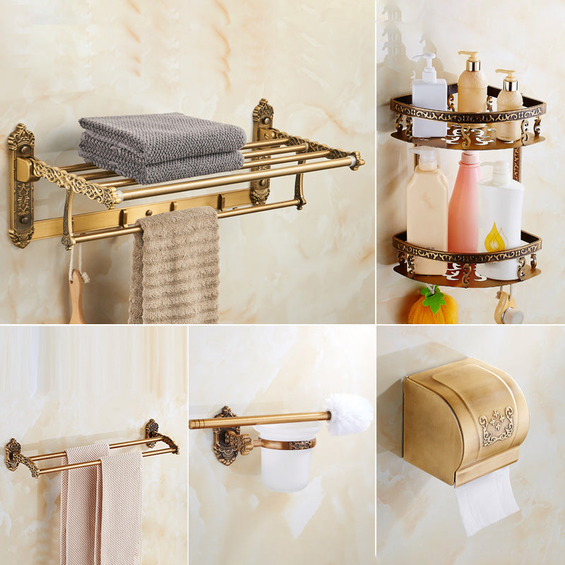Traditional Bathroom Accessory Set Gold Bathroom Accessory Kit Double Bars 5-Piece Set Clearhalo 'Bathroom Hardware Sets' 'Bathroom Hardware' 'Bathroom Remodel & Bathroom Fixtures' 'bathroom_hardware_sets' 'Home Improvement' 'home_improvement' 'home_improvement_bathroom_hardware_sets' 6997400