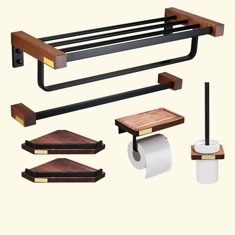 Metal Bathroom Accessory Set Walnut Brown Bathroom Hardware Set 6-Piece Set (Triangular Bath Shelf) Clearhalo 'Bathroom Hardware Sets' 'Bathroom Hardware' 'Bathroom Remodel & Bathroom Fixtures' 'bathroom_hardware_sets' 'Home Improvement' 'home_improvement' 'home_improvement_bathroom_hardware_sets' 6997591
