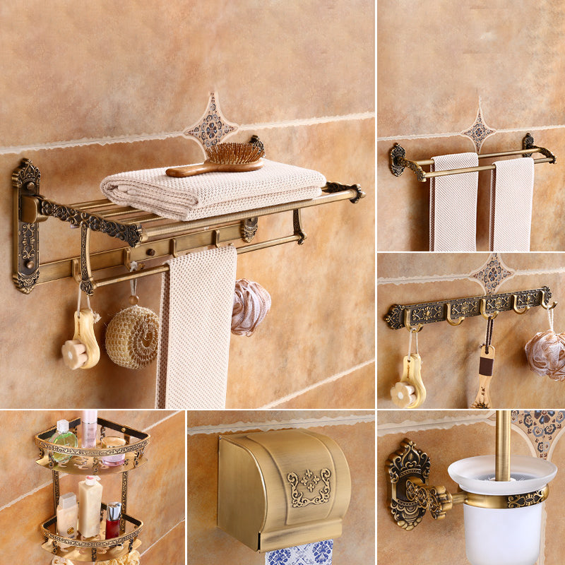 Traditional Metal Bathroom Accessories Hardware Set with Soap Dish Brass Patterned Included 6-Piece Set (Row Hook) Clearhalo 'Bathroom Hardware Sets' 'Bathroom Hardware' 'Bathroom Remodel & Bathroom Fixtures' 'bathroom_hardware_sets' 'Home Improvement' 'home_improvement' 'home_improvement_bathroom_hardware_sets' 6997937