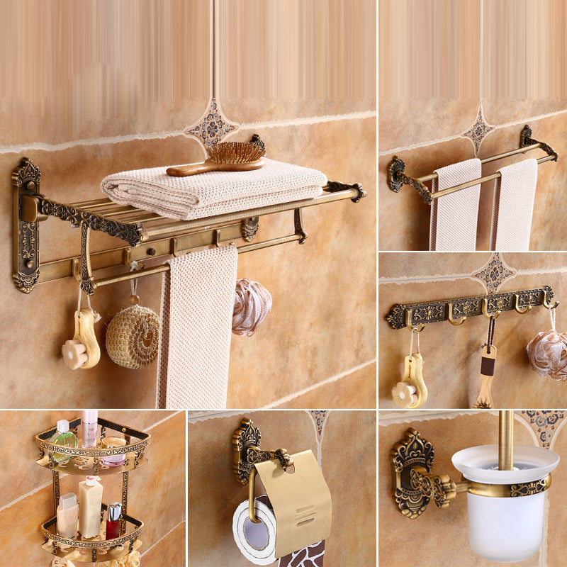 Traditional Metal Bathroom Accessories Hardware Set with Soap Dish Gold Patterned Included 6-Piece Set (Row Hook) Clearhalo 'Bathroom Hardware Sets' 'Bathroom Hardware' 'Bathroom Remodel & Bathroom Fixtures' 'bathroom_hardware_sets' 'Home Improvement' 'home_improvement' 'home_improvement_bathroom_hardware_sets' 6997938