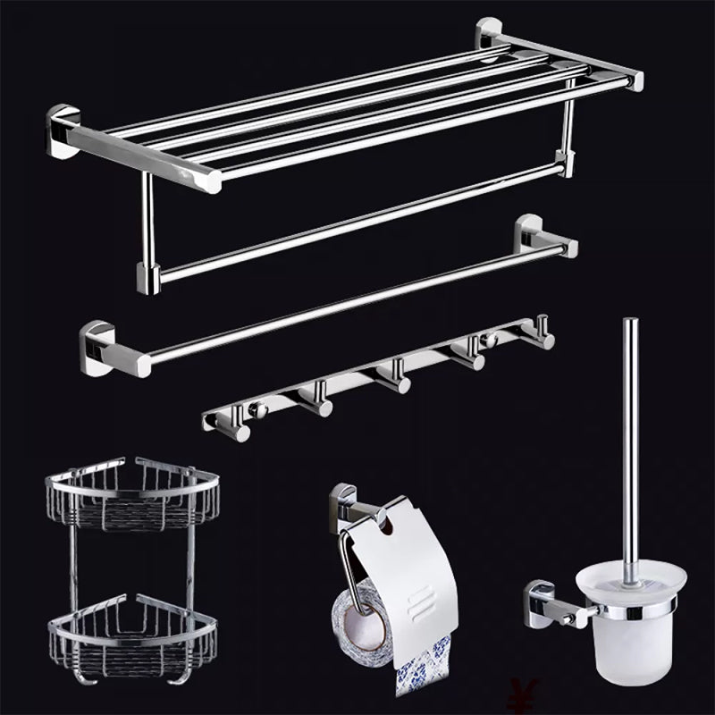 Contemporary Bathroom Accessories Hardware Set In Silver Metal 6-Piece Set (Single Rod) Clearhalo 'Bathroom Hardware Sets' 'Bathroom Hardware' 'Bathroom Remodel & Bathroom Fixtures' 'bathroom_hardware_sets' 'Home Improvement' 'home_improvement' 'home_improvement_bathroom_hardware_sets' 6997963