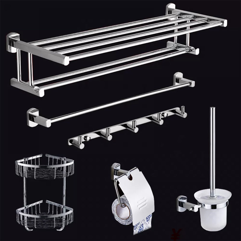 Contemporary Bathroom Accessories Hardware Set In Silver Metal 6-Piece Set (Double Rods) Clearhalo 'Bathroom Hardware Sets' 'Bathroom Hardware' 'Bathroom Remodel & Bathroom Fixtures' 'bathroom_hardware_sets' 'Home Improvement' 'home_improvement' 'home_improvement_bathroom_hardware_sets' 6997964