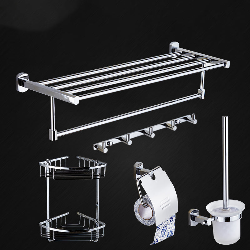 Contemporary Bathroom Accessories Hardware Set In Silver Metal 5-Piece Set (Row Hook) Clearhalo 'Bathroom Hardware Sets' 'Bathroom Hardware' 'Bathroom Remodel & Bathroom Fixtures' 'bathroom_hardware_sets' 'Home Improvement' 'home_improvement' 'home_improvement_bathroom_hardware_sets' 6997966