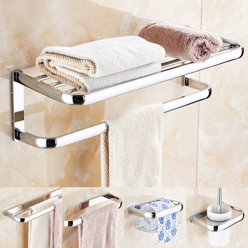 Contemporary Silver Bathroom Set with Bath Shelf and Towel Bar Clearhalo 'Bathroom Hardware Sets' 'Bathroom Hardware' 'Bathroom Remodel & Bathroom Fixtures' 'bathroom_hardware_sets' 'Home Improvement' 'home_improvement' 'home_improvement_bathroom_hardware_sets' 6998006
