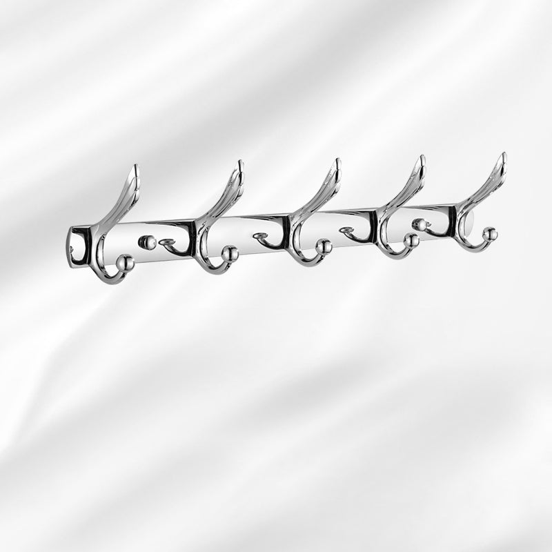 Contemporary Silver Bathroom Set with Bath Shelf and Towel Bar Towel Robe Hook (Row Hooks) Clearhalo 'Bathroom Hardware Sets' 'Bathroom Hardware' 'Bathroom Remodel & Bathroom Fixtures' 'bathroom_hardware_sets' 'Home Improvement' 'home_improvement' 'home_improvement_bathroom_hardware_sets' 6998025