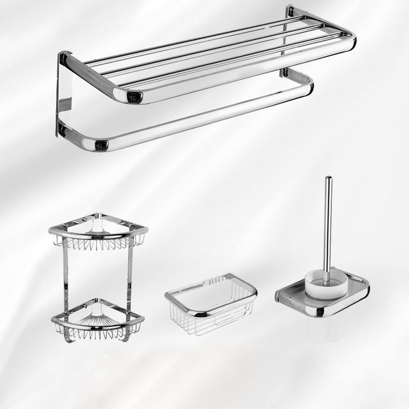 Contemporary Silver Bathroom Set with Bath Shelf and Towel Bar 4-Piece Set Clearhalo 'Bathroom Hardware Sets' 'Bathroom Hardware' 'Bathroom Remodel & Bathroom Fixtures' 'bathroom_hardware_sets' 'Home Improvement' 'home_improvement' 'home_improvement_bathroom_hardware_sets' 6998028