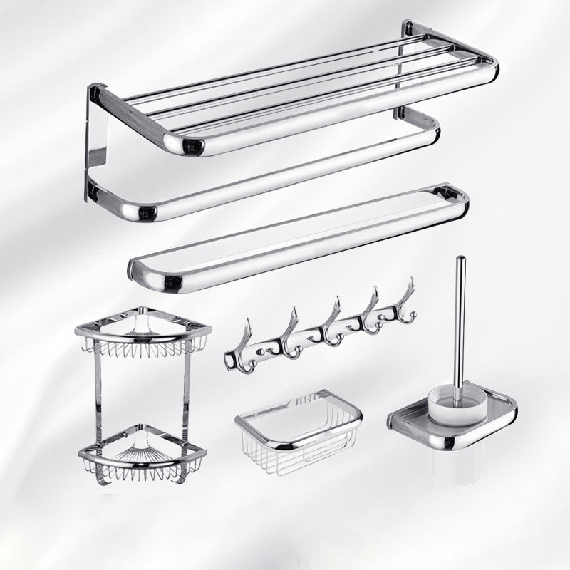 Contemporary Silver Bathroom Set with Bath Shelf and Towel Bar 6-Piece Set Clearhalo 'Bathroom Hardware Sets' 'Bathroom Hardware' 'Bathroom Remodel & Bathroom Fixtures' 'bathroom_hardware_sets' 'Home Improvement' 'home_improvement' 'home_improvement_bathroom_hardware_sets' 6998029