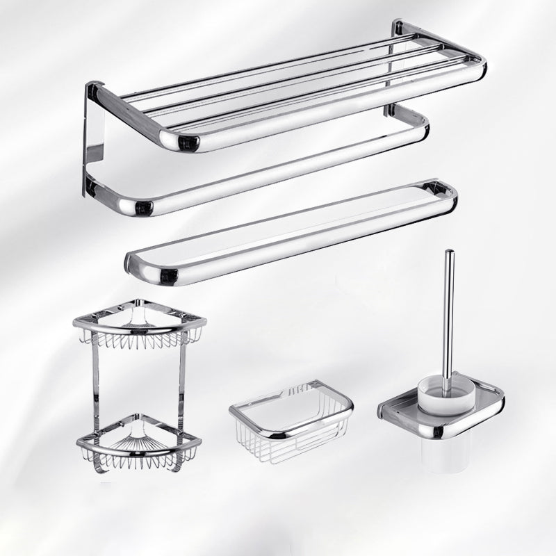 Contemporary Silver Bathroom Set with Bath Shelf and Towel Bar - Clearhalo