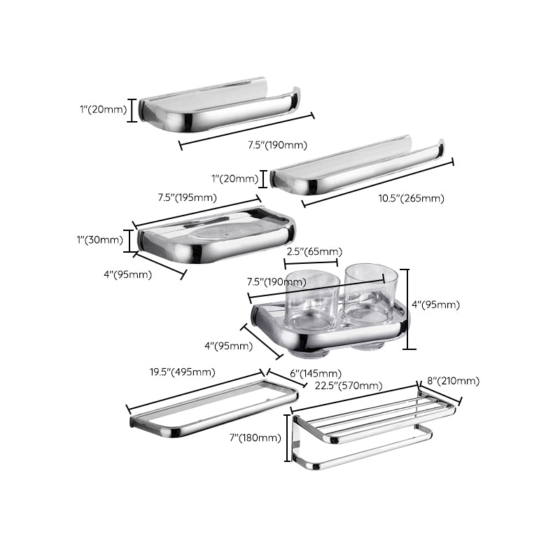 Contemporary Silver Bathroom Set with Bath Shelf and Towel Bar Clearhalo 'Bathroom Hardware Sets' 'Bathroom Hardware' 'Bathroom Remodel & Bathroom Fixtures' 'bathroom_hardware_sets' 'Home Improvement' 'home_improvement' 'home_improvement_bathroom_hardware_sets' 6998032