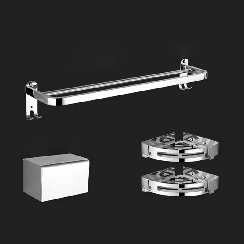 Contemporary Style Silver Metal Bathroom Accessory as Individual or as a Set Adhesive Mount 4-Piece Set (Double Rods) Clearhalo 'Bathroom Hardware Sets' 'Bathroom Hardware' 'Bathroom Remodel & Bathroom Fixtures' 'bathroom_hardware_sets' 'Home Improvement' 'home_improvement' 'home_improvement_bathroom_hardware_sets' 6998097