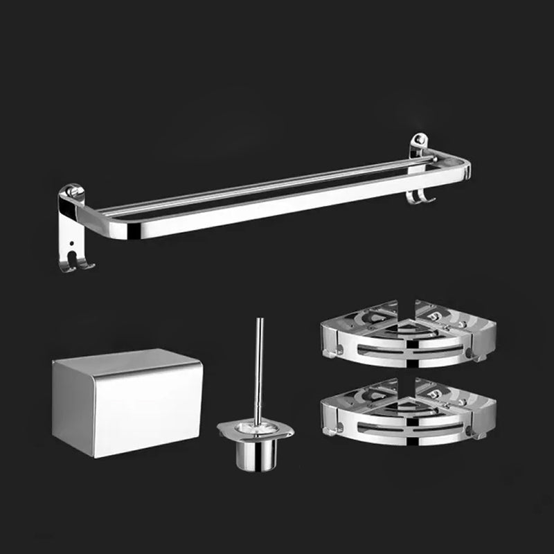 Contemporary Style Silver Metal Bathroom Accessory as Individual or as a Set Adhesive Mount 5-Piece Set (Double Rods) Clearhalo 'Bathroom Hardware Sets' 'Bathroom Hardware' 'Bathroom Remodel & Bathroom Fixtures' 'bathroom_hardware_sets' 'Home Improvement' 'home_improvement' 'home_improvement_bathroom_hardware_sets' 6998098