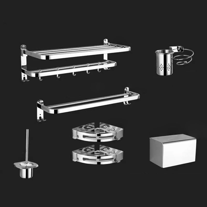 Contemporary Style Silver Metal Bathroom Accessory as Individual or as a Set Adhesive Mount 7-Piece Set (Double Rods) Clearhalo 'Bathroom Hardware Sets' 'Bathroom Hardware' 'Bathroom Remodel & Bathroom Fixtures' 'bathroom_hardware_sets' 'Home Improvement' 'home_improvement' 'home_improvement_bathroom_hardware_sets' 6998101