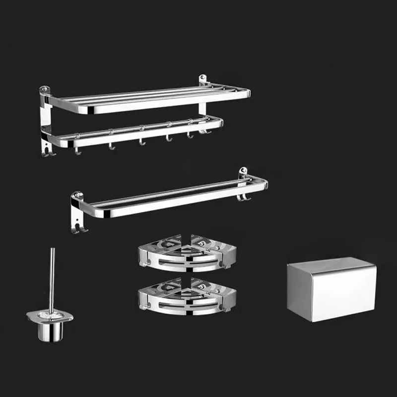 Contemporary Style Silver Metal Bathroom Accessory as Individual or as a Set Adhesive Mount 6-Piece Set (Double Rods) Clearhalo 'Bathroom Hardware Sets' 'Bathroom Hardware' 'Bathroom Remodel & Bathroom Fixtures' 'bathroom_hardware_sets' 'Home Improvement' 'home_improvement' 'home_improvement_bathroom_hardware_sets' 6998103