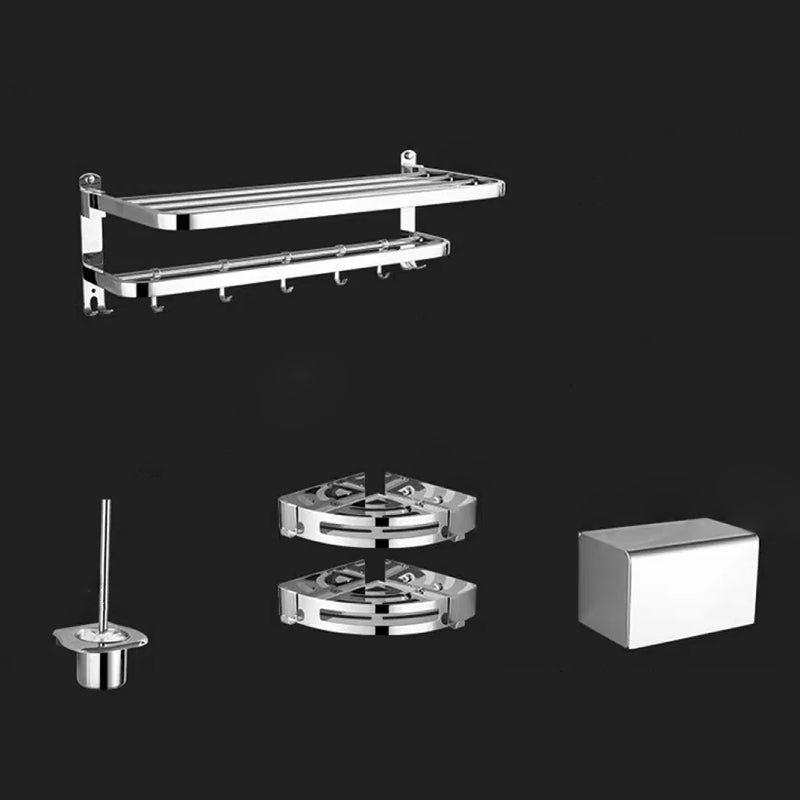 Contemporary Style Silver Metal Bathroom Accessory as Individual or as a Set Adhesive Mount 5-Piece Set (Toilet Brush) Clearhalo 'Bathroom Hardware Sets' 'Bathroom Hardware' 'Bathroom Remodel & Bathroom Fixtures' 'bathroom_hardware_sets' 'Home Improvement' 'home_improvement' 'home_improvement_bathroom_hardware_sets' 6998105