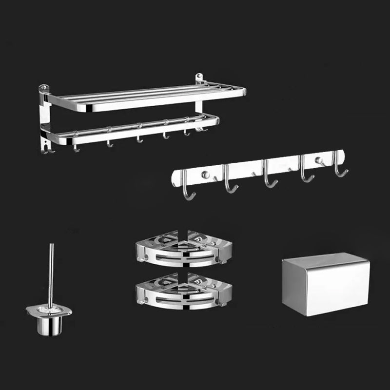 Contemporary Style Silver Metal Bathroom Accessory as Individual or as a Set Adhesive Mount 6-Piece Set (Row Hook) Clearhalo 'Bathroom Hardware Sets' 'Bathroom Hardware' 'Bathroom Remodel & Bathroom Fixtures' 'bathroom_hardware_sets' 'Home Improvement' 'home_improvement' 'home_improvement_bathroom_hardware_sets' 6998109
