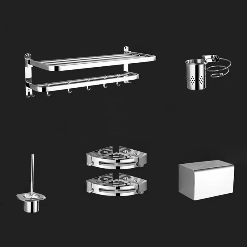 Contemporary Style Silver Metal Bathroom Accessory as Individual or as a Set Adhesive Mount 6-Piece Set (Toilet Paper Holder) Clearhalo 'Bathroom Hardware Sets' 'Bathroom Hardware' 'Bathroom Remodel & Bathroom Fixtures' 'bathroom_hardware_sets' 'Home Improvement' 'home_improvement' 'home_improvement_bathroom_hardware_sets' 6998110